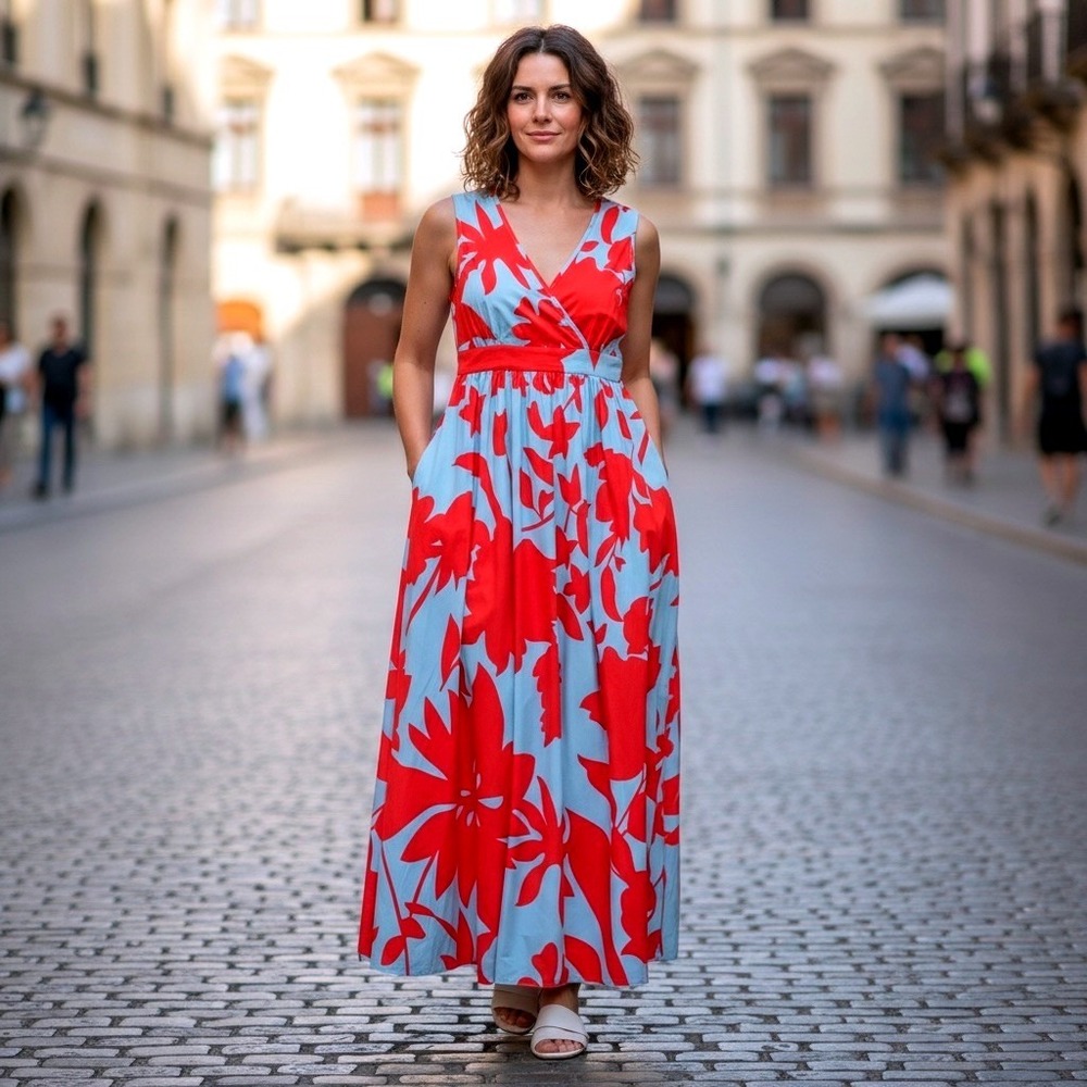 Floral V-Neck Sleeveless Maxi Dress Red Blue Smocked Back Pockets Size L